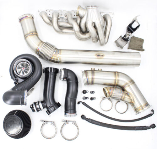 Complete VTT-FAB B58 single turbo kit with manifold, turbocharger, downpipe, intake, and hardware.